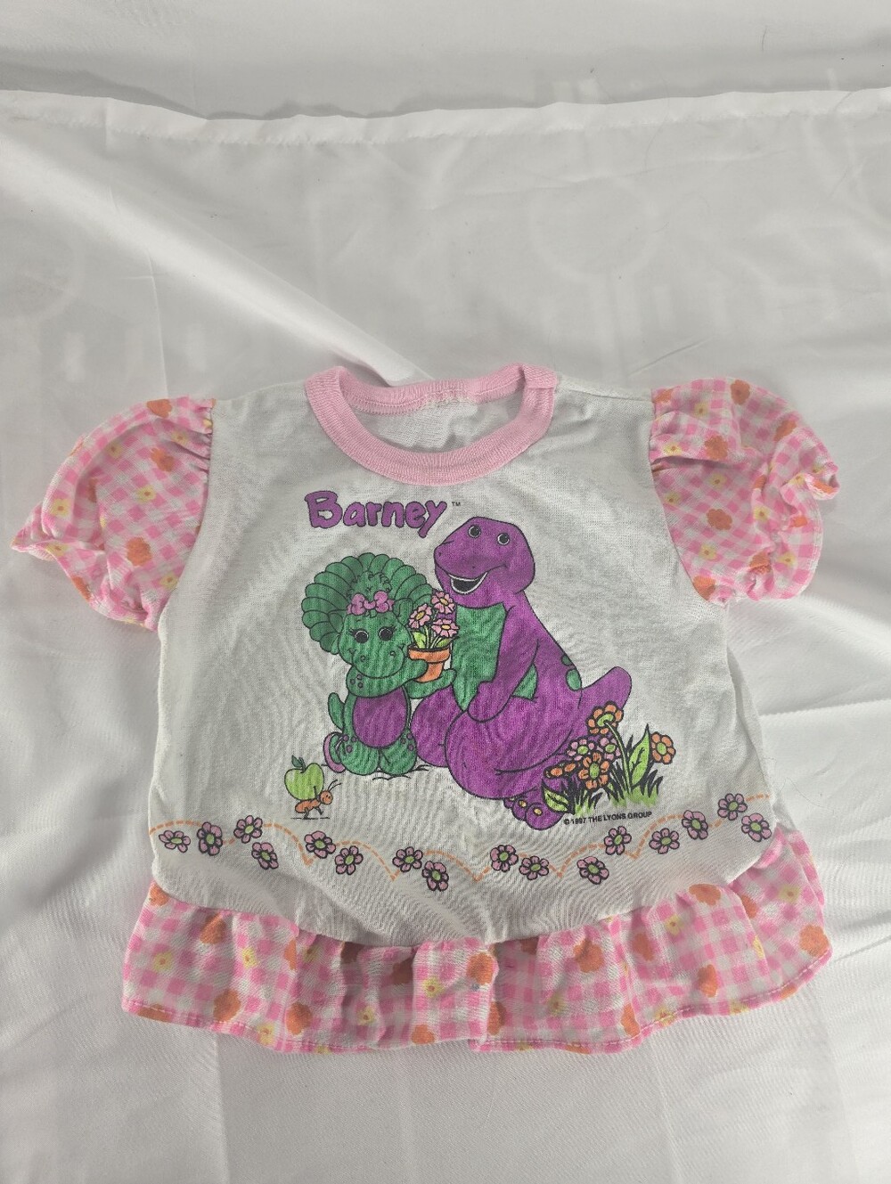 Vintage 1997 Barney Baby Toddler Shirt Pink Gingham Ruffle Tee The Lyons Group